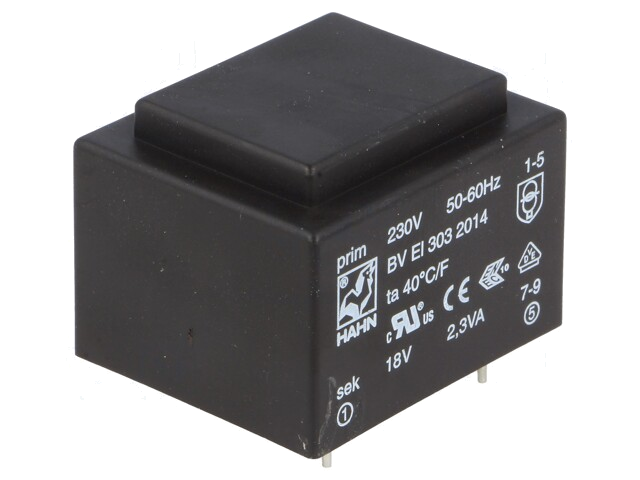 Transformator: ingegoten; 2,3VA; 230VAC; 18V; 127mA; PCB; BVEI Transformator: ingegoten; 2,3VA; 230VAC; 18V; 127mA; PCB; BVEI
